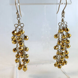 NWOT Gold Pyrite Beads Cluster Earring Sterling 925 2.5” Long Artisan